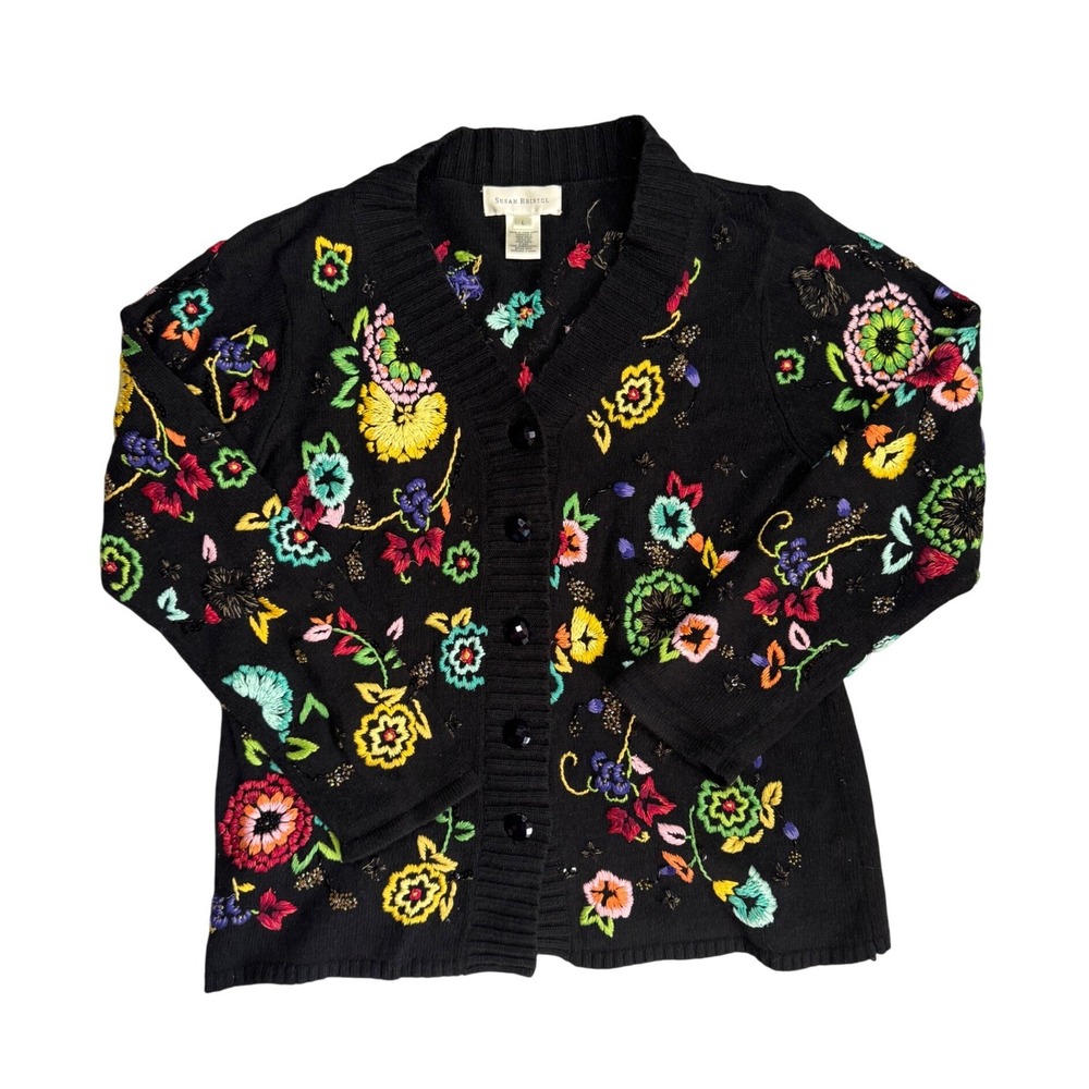 Susan Bristol Wool Angora Floral Embroidered Beaded Cardigan Black SB-204 L